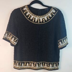 Endless Rose Anthropoligie Black and Gold Sequin And Beaded Women's Top Medium